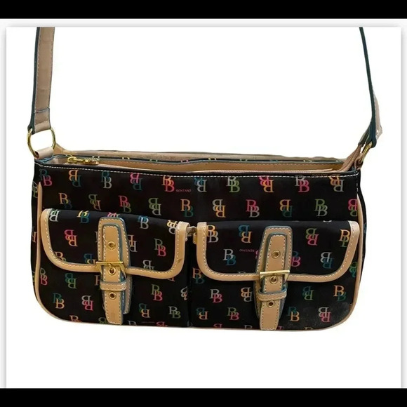 Brentano shoulder bag Purse Black with tan strap Logo print - Picture 1 of 10